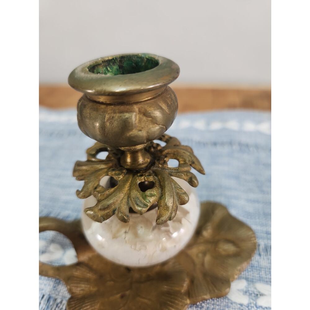 Vintage Brass White Crackle Glass Chamberstick Candle Holder Ornate 5" - Picture 4 of 8